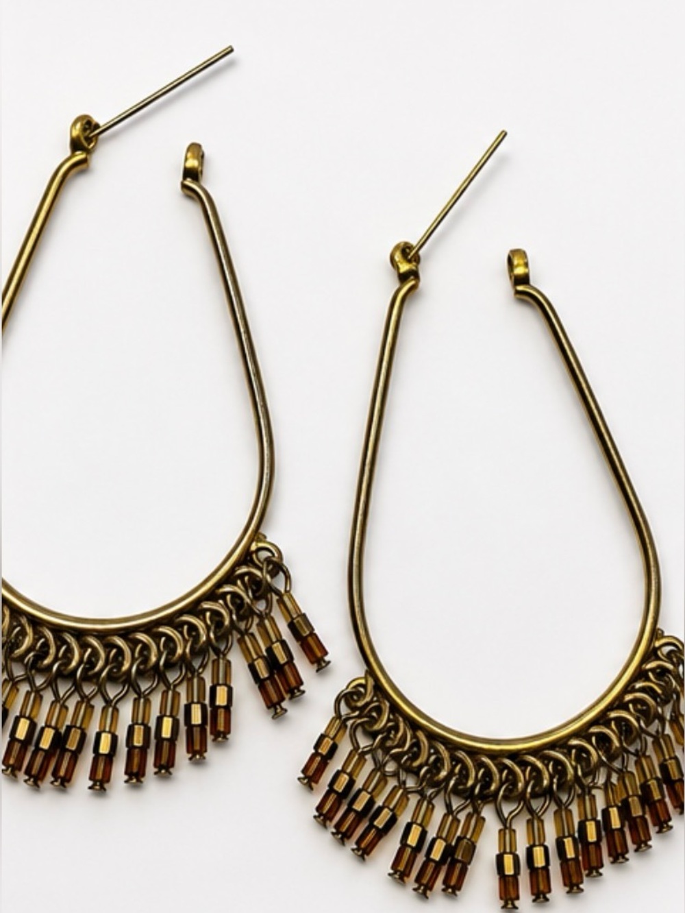 Boho Fringe Beaded Teardrop Hoop Earrings | Gold-Tone Seed Bead Chandelier Hoops